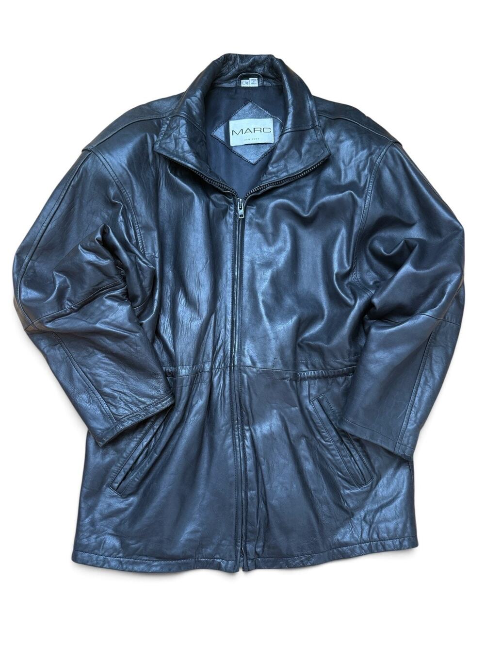 Vintage 90s MARC New York Black Leather Jacket Coat Oversized L XL Y2K Hip Hop